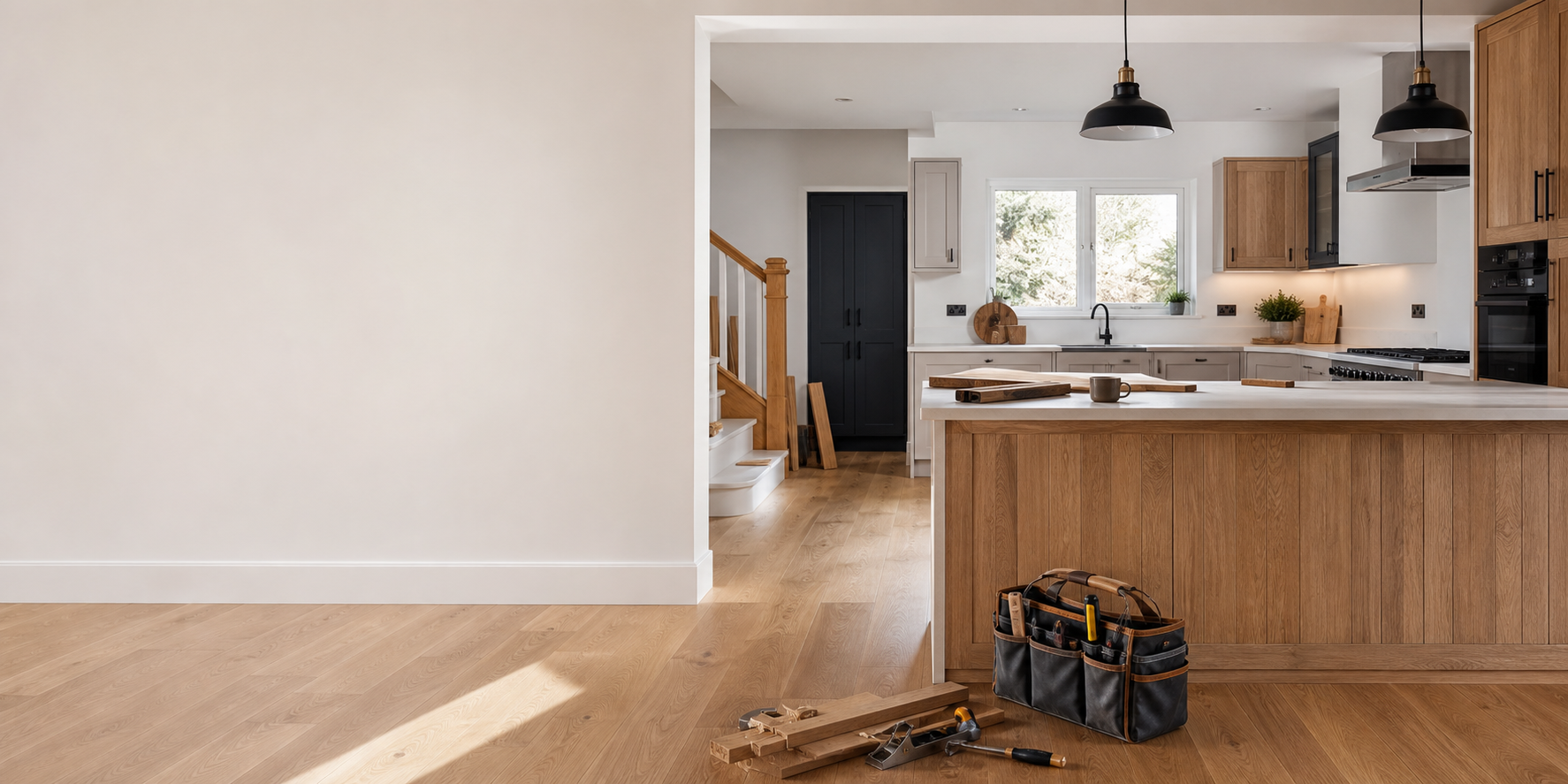 Finished joinery work in a bright home renovation interior with timber details