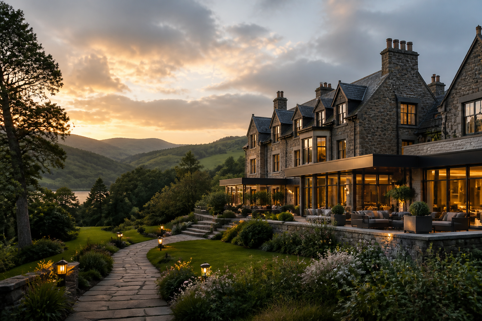 The Rowan House Hotel at dusk in the Scottish countryside