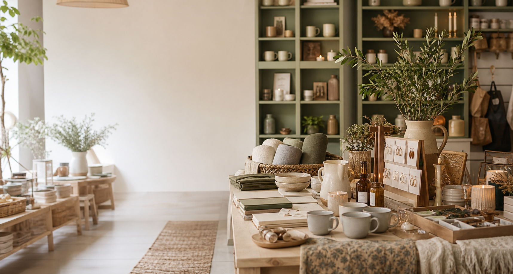 Calm boutique retail display with homeware, candles, gifts, and natural textures